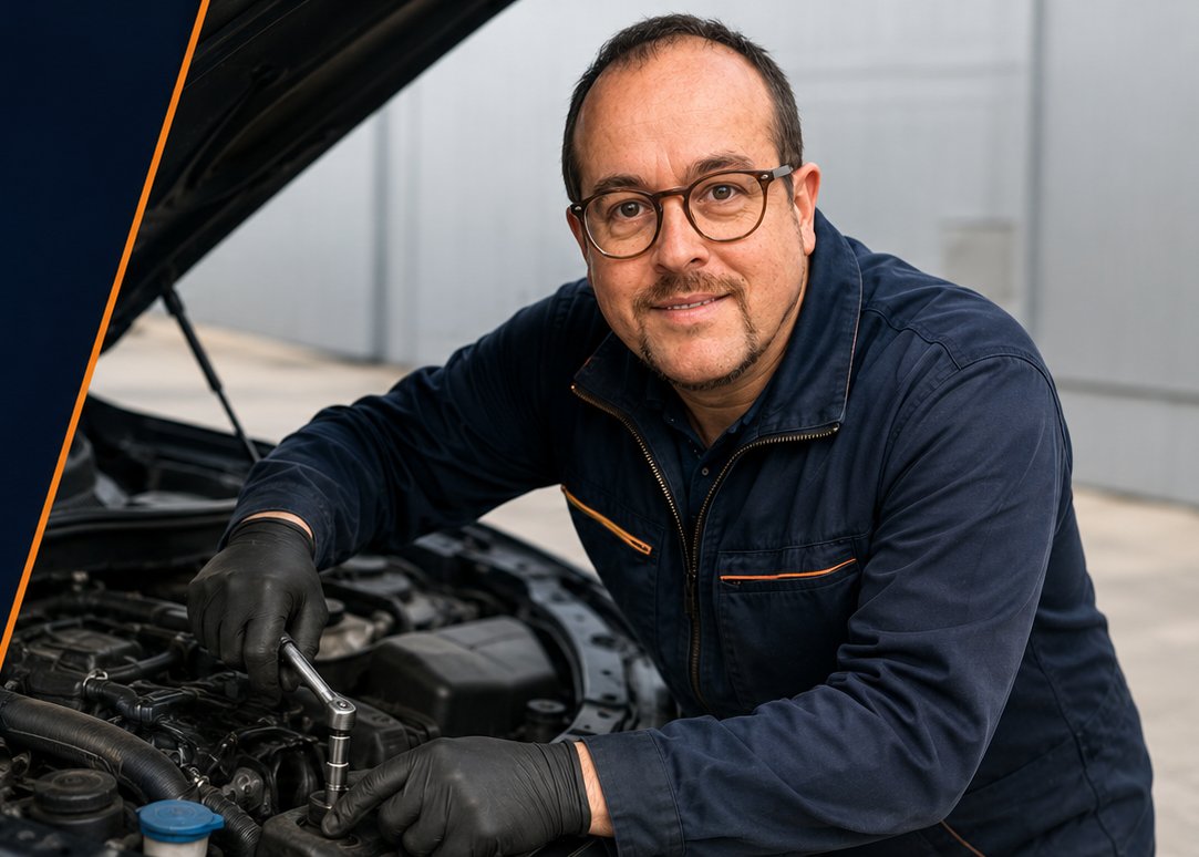 Sylvain, mécanicien SylvainMéca, en intervention sur le moteur d'un véhicule